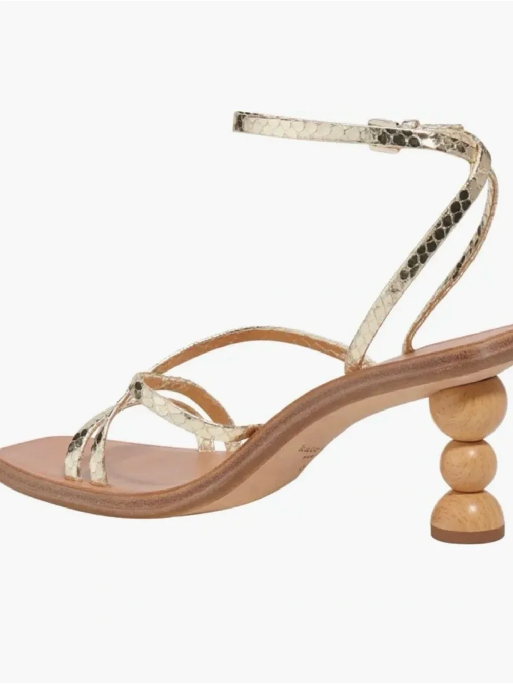 Kate Spade New York Charmer Metallic Gold Sandal with Sculpted Wood Heel 6.5